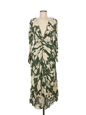 Mango Green and Cream Floral Twist-Front Long Sleeve Maxi Dress